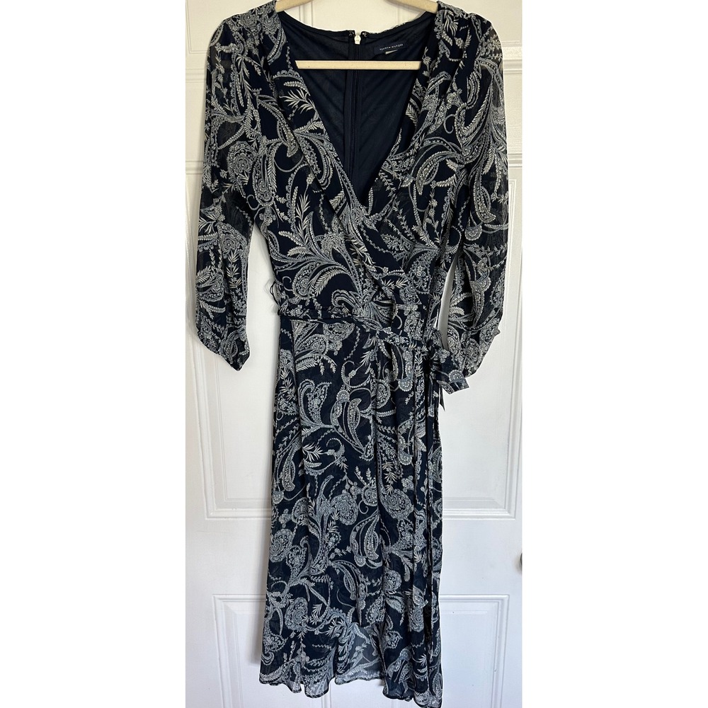 Tommy Hilfiger Navy Paisley Faux Wrap Midi Dress Long Sleeve Size 14 NWT